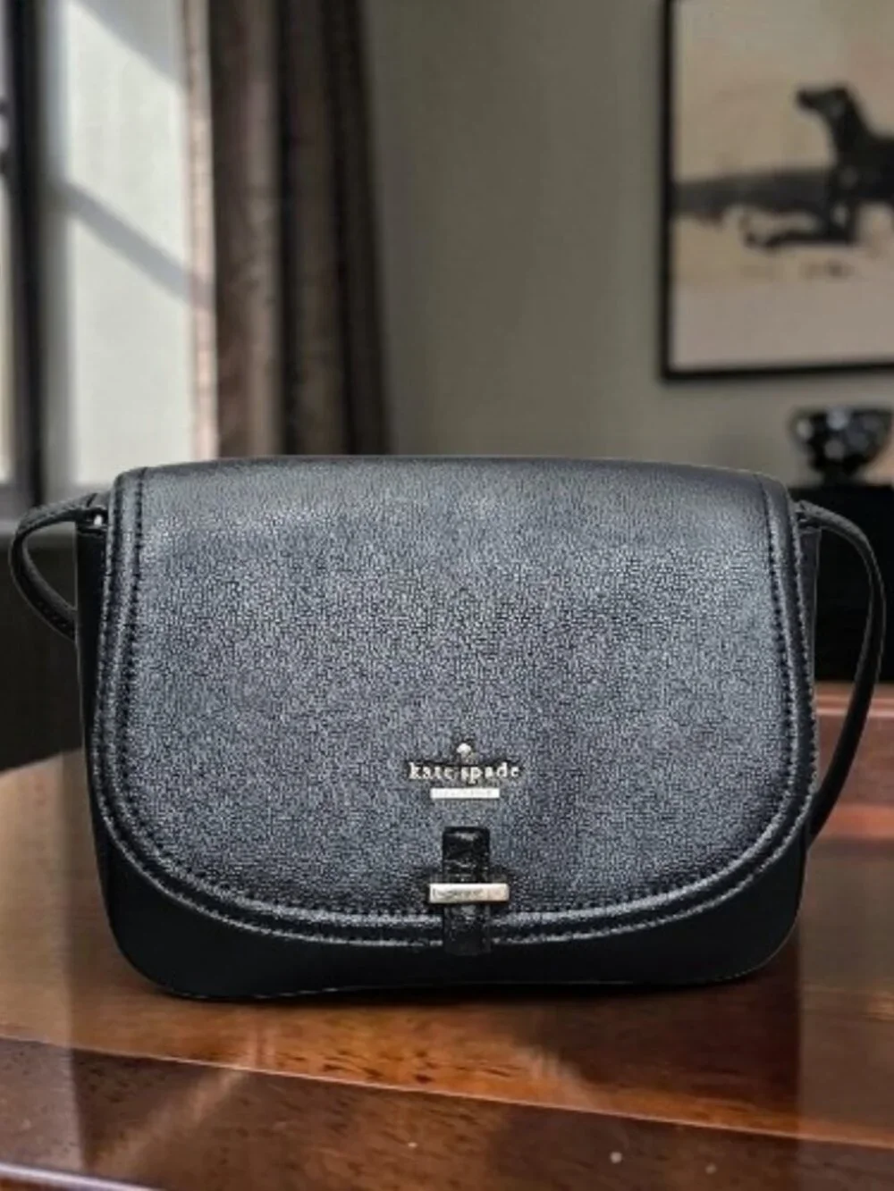 Kate Spade Kailey Patterson Drive Leather Black Saddle Shoulder Bag COA